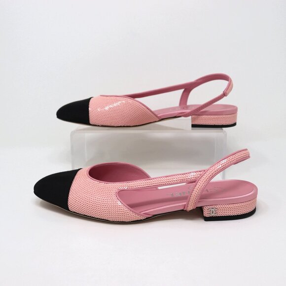 CHANEL 37.5 Pink Sequin Slingback 24P Interlocking CC Logo - Picture 7 of 14